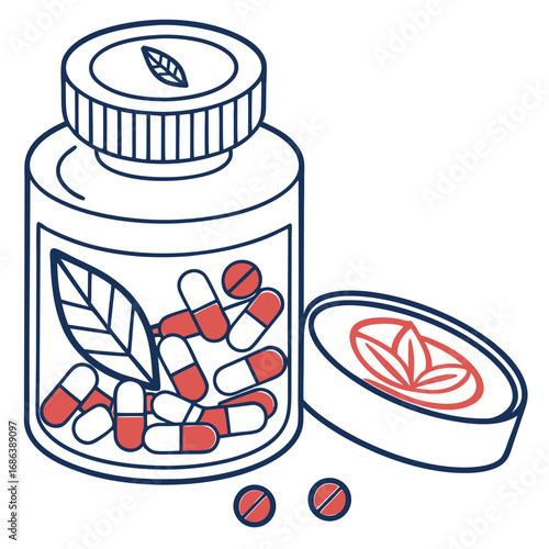 Capsule Bottle : An illustrative image of a clear capsule bottle, showcasing pharmaceutical capsules with a botanical element on its container and the lid.