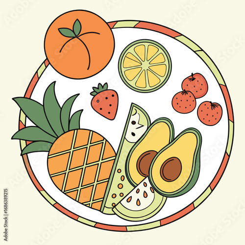 Vibrant Fruits in Artistic Harmony: A captivating illustration of fresh, colorful fruits artistically arranged, portraying the essence of healthy eating and nature's bounty.