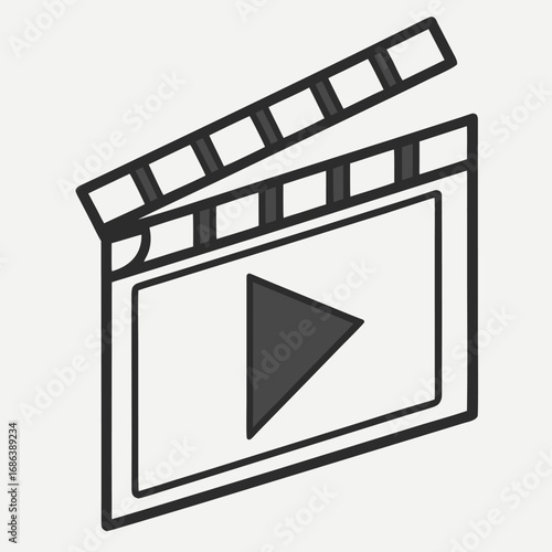 Clapperboard Symbol: A bold monochrome clapperboard, an icon of film and video production, featuring the iconic play symbol, representing the start of creative storytelling.