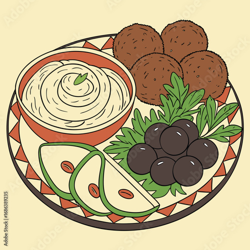 Mediterranean Delight: A beautifully illustrated plate presents a culinary journey.  featuring crispy falafel balls, creamy hummus, fresh olives and sliced cucumbers. A feast for the senses.