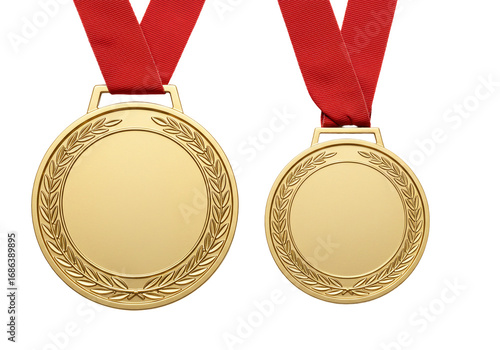 Gold medals with red ribbons on transparent background award achievement victory success