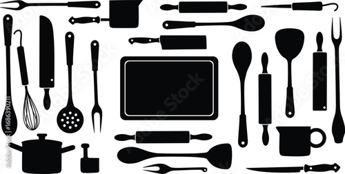 Kitchen utensil silhouette vector set, cooking tools illustration, black icons of cutlery, knife, spoon, fork, rolling pin, chopping board