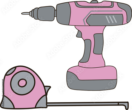 Pink Cordless Drill and Tape Measure Hardware Illustration Set
