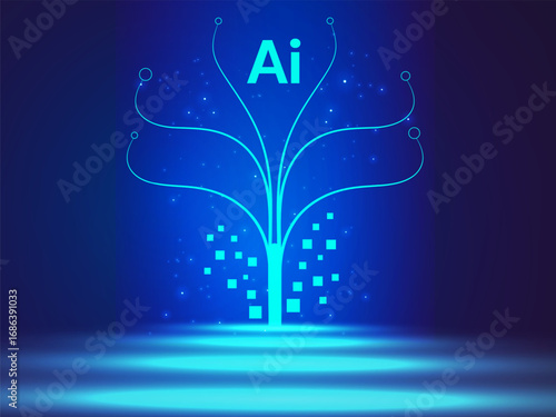 Artificial Intelligence with Digital Tree Network curved lines algorithm futuristic Technology Analysis vector design concept. AI technology for advance technology, robotic, web, new technology, ui. 