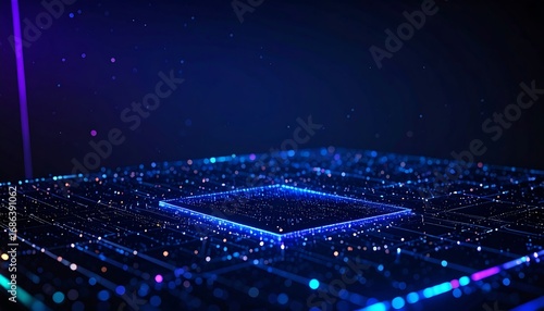 Abstract digital circuit board with glowing lines and particles