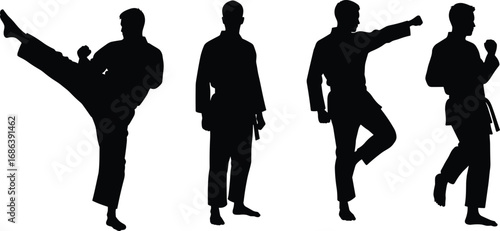 Martial artist silhouettes in various fighting stances, performing kicks and punches, wearing traditional uniform, karate pose, self-defense training action.