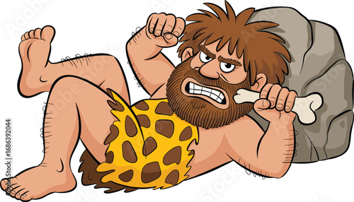 Angry cartoon caveman holding bone, prehistoric man illustration, stone age character, primitive lifestyle, Ugh expression, funny vector design