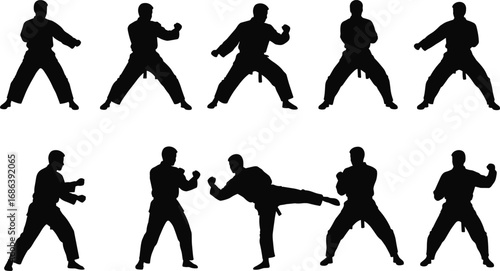 Martial arts fighter silhouette vector set, karate poses, self-defense training, kickboxing actions, combat sport design for graphic projects