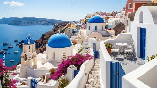 Santorini vista White buildings with blue domes cascade towards the sea
