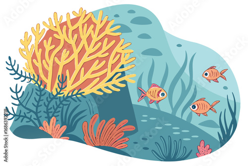 Brightly colored sea sponge attached to a coral reef, with small fish swimming around.