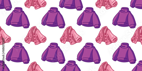 Seamless Cartoon Sweater Clothes Pattern. Cartoon sweaters and cardigans arranged in flat seamless pattern. Bright colorful illustration on white background.
