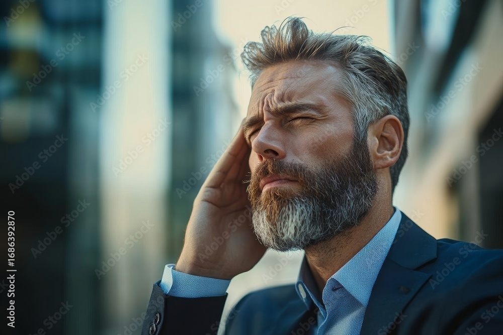 Obraz premium Bearded businessman experiencing a stressful headache outside a modern office, reflecting the challenges of balancing work and well-being in a fast-paced professional environment, Generative AI