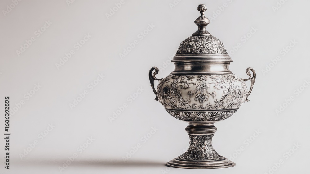 Naklejka premium Ornate silver-toned decorative bowl on pedestal