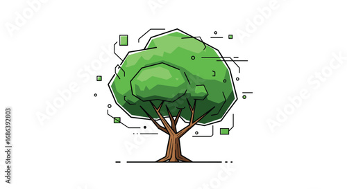 Modern stylized tree with tech elements representing growth, nature, and innovation concepts