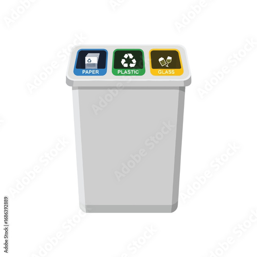 A white recycling bin with three separate compartments for paper, plastic, and glass, each clearly labeled with icons and colors.