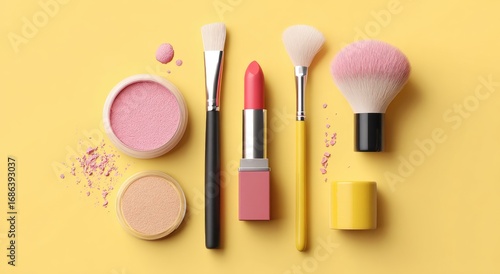 Cosmetic items arranged on a bright yellow background.  Pink and peach eyeshadow, blush, lipstick, and makeup brushes are displayed