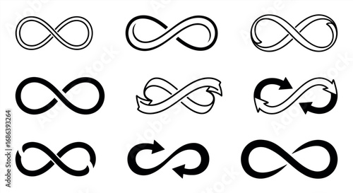 Infinity symbol vector icon set illustrating endless perpetual loop, cycle, eternity, and unlimited flow in minimal flat design