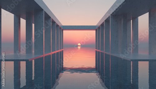 Sunrise through a minimalist concrete colonnade over water