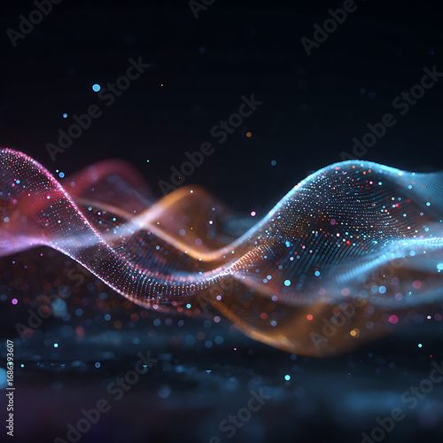 Dynamic glowing abstract waves of colorful particles flowing through space creating a futuristic digital network visualization