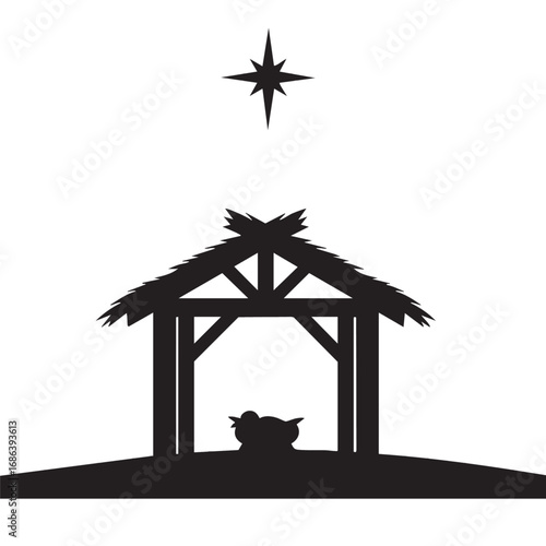 Minimalist Vector Nativity Scene with Star and Stable in Black and White Modern Style