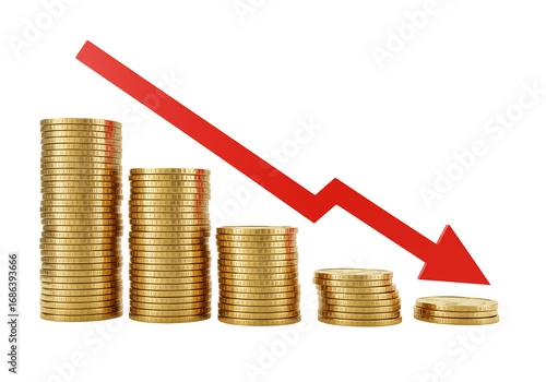Gold coins decreasing graph financial decline economic crisis downward trend currency investment loss revenue budget cost