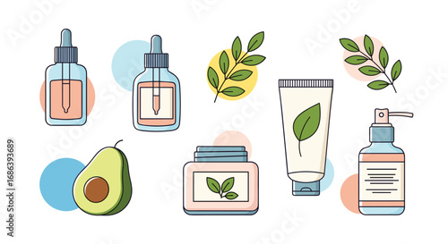 Modern skincare beauty products with avocado and botanical elements for a fresh, natural look