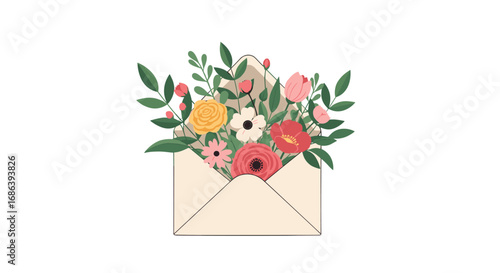 Beautiful floral bouquet spilling from envelope, perfect for wedding invitations and greetings