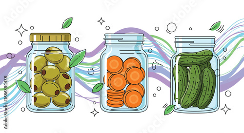 Colorful jars of olives, carrots, and pickles, perfect for culinary projects and food branding