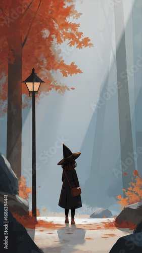 a mysterious woman in a witch outfit walking under a glowing street lamp on a misty autumn forest path, surrounded by fallen leaves and red foliage, creating a spooky and atmospheric scene