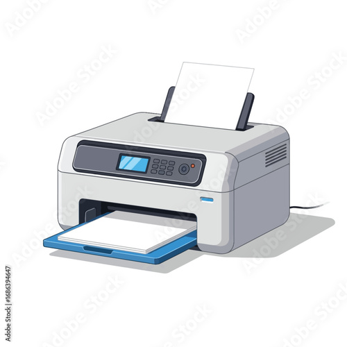 A modern office laser printer with paper in the input and output trays, depicted in a clean vector illustration style on a white background.