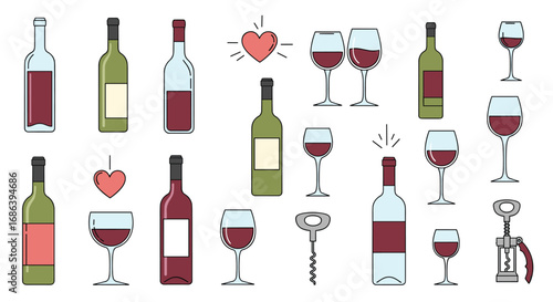 Wine bottles and glasses with hearts, perfect for romantic dinners and celebrations