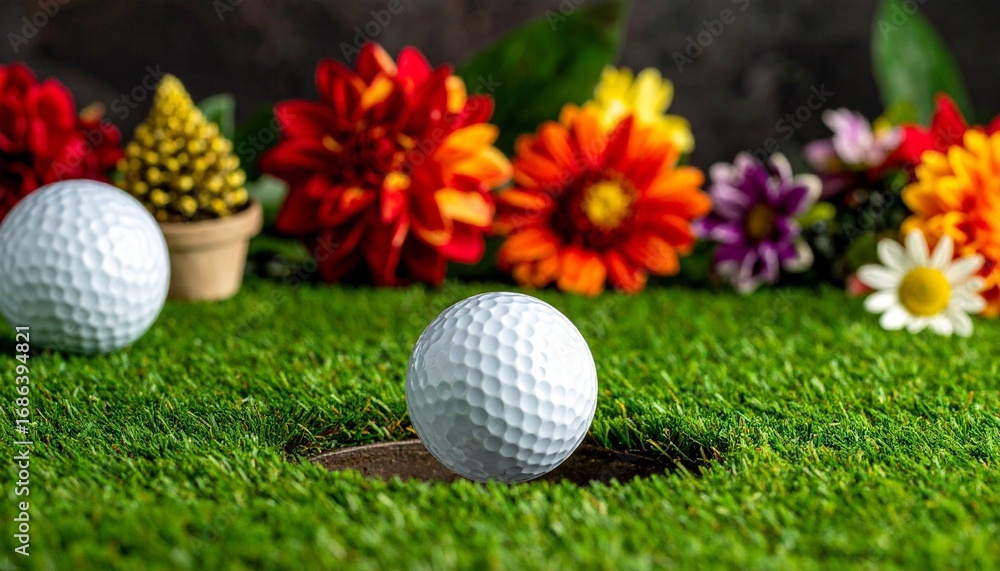 Naklejka premium A close-up of a golf ball near the hole on vibrant green grass, with colorful decorations blurred in the background.