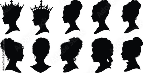 Queen silhouette, royal woman profile, female head outline, elegant hairstyle, crown design, princess vector, regal lady, vintage beauty illustration