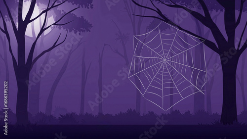 anime-style Halloween background of a stylized spider web stretched between two minimalist trees in a dark forest clearing with an eerie atmosphere