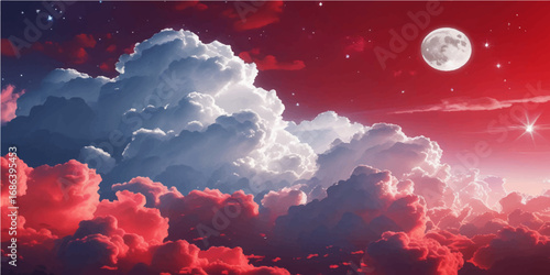 Abstract and beautiful, red and white clouds drift in a bright blue sky on a clear summer day