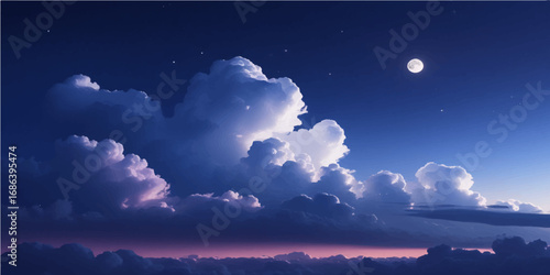 A beautiful moon hangs in the dark night sky, surrounded by dramatic white clouds