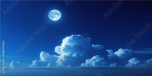 Bright moonlight illuminates the dark city sky, as clouds drift peacefully across the face of the full moon