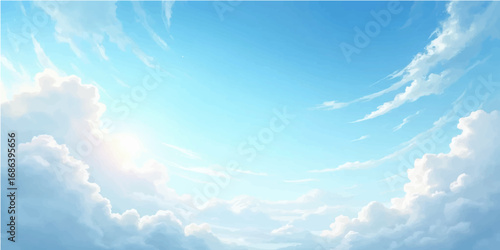 A beautiful blue sky dotted with fluffy white clouds, with the sun's light shining through
