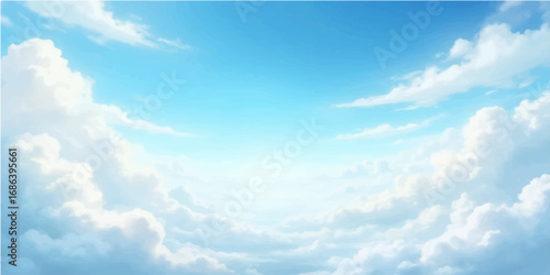 Blue sky with fluffy white clouds, a beautiful and clear summer day