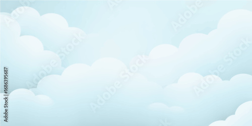 A seamless cartoon illustration of a bright blue summer sky with a fluffy cloudscape pattern