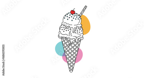 Delicious ice cream cone with sprinkles and cherry, perfect for summer treats and desserts