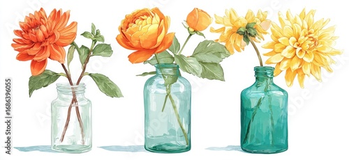Watercolor floral arrangement in vintage bottles