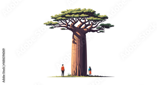 Two people admiring a giant baobab tree in a vibrant, illustrated style on white background