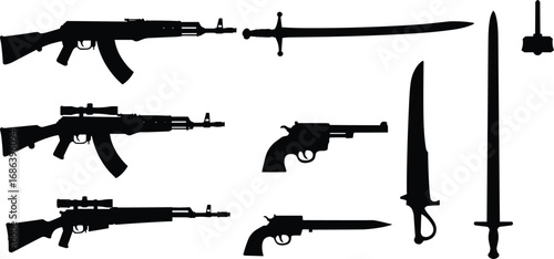 Silhouette collection of various weapons including rifles, pistols, swords, and hammer, vector illustration of firearms and melee weapons