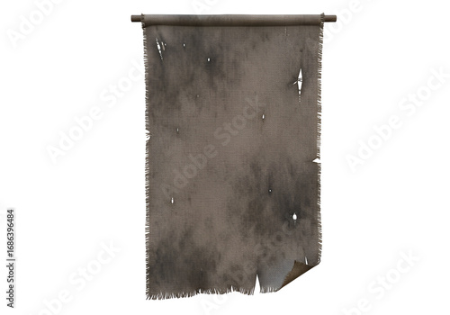 A weathered, tattered banner hangs against a stark black background.