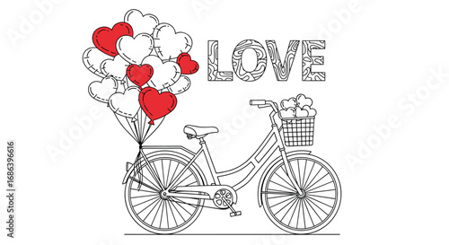 Romantic bicycle with heart balloons and 'LOVE' text for Valentine's Day, weddings, and celebrations