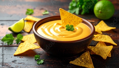 Creamy cheese dip garnished with fresh herbs, served with crispy tortilla chips on a rustic wooden table.