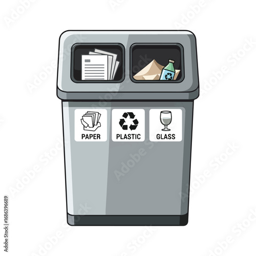 A three-compartment recycling bin with paper, plastic, and glass labels.