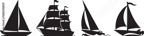 Sailing Boat Silhouette Collection Set of Different Types of Sailboats Isolated on White