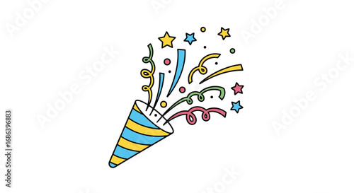Colorful confetti popper exploding with joy and celebration, perfect for party designs.